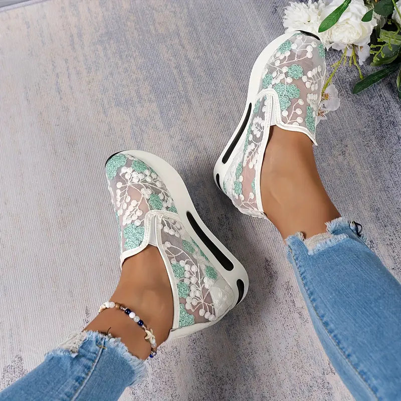 Platform Wedge Embroidery Mesh Shoes