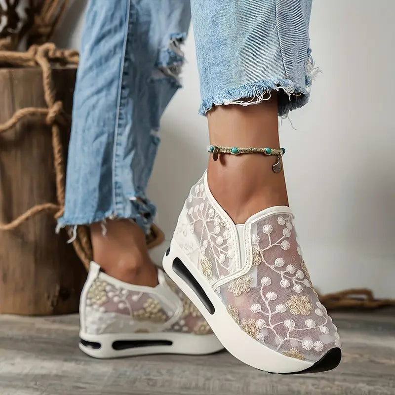 Platform Wedge Embroidery Mesh Shoes