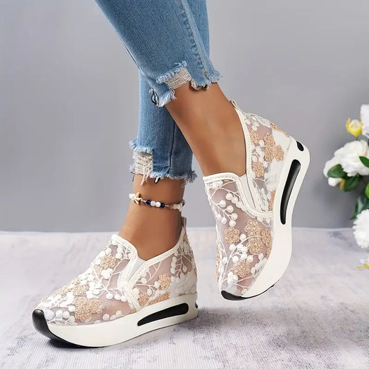 Platform Wedge Embroidery Mesh Shoes
