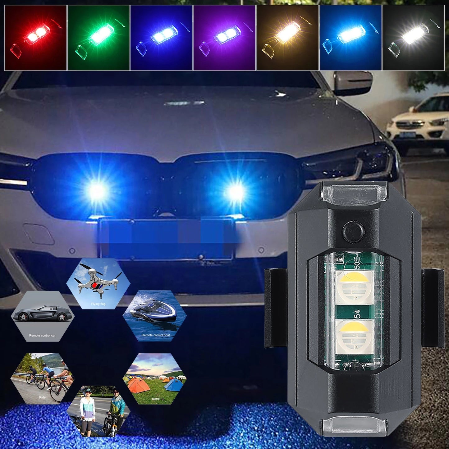 7 Colors LED Aircraft Strobe Lights & USB Charging For Cars, Motorcycles, Bicycles, Drones
